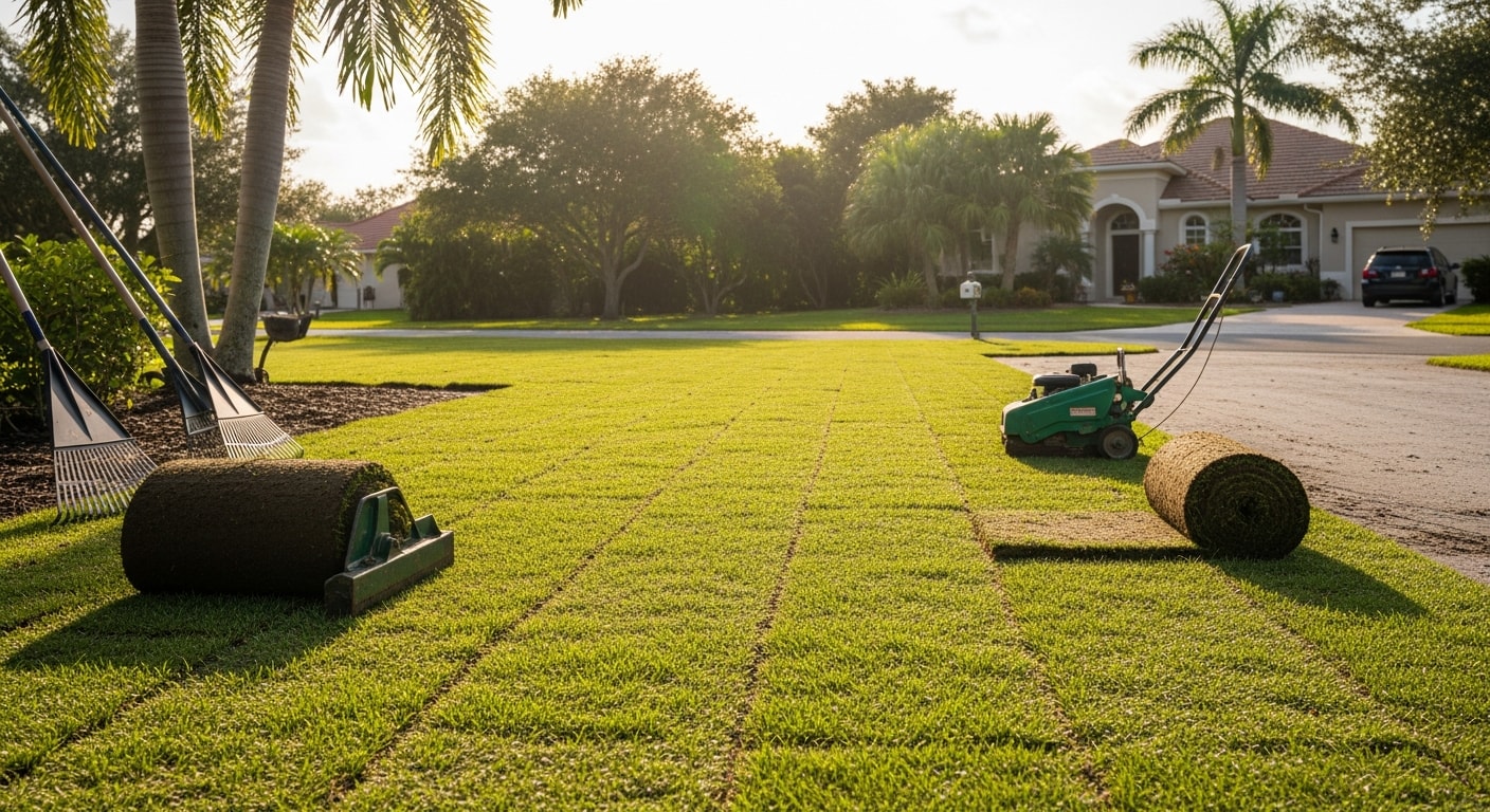 Fresh sod installation in a residential yard