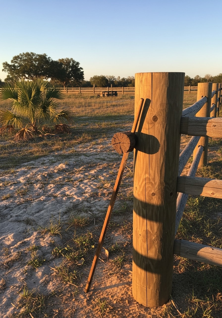 Close-up of a contractor's hands working on a wooden gate or fence post on a Labelle ranch property.