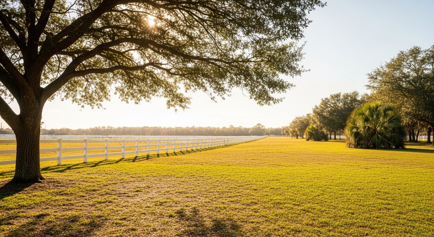 Wide-angle view of a rural Labelle property with ranch fencing and open acreage under Florida sky.