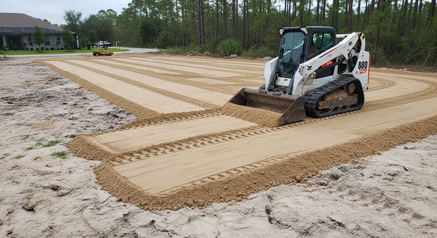 A freshly leveled residential lot in Labelle, FL showing smooth, compacted soil graded away from a home's foundation. A landscaping crew and grading equipment are visible in the background on a clear Southwest Florida day.