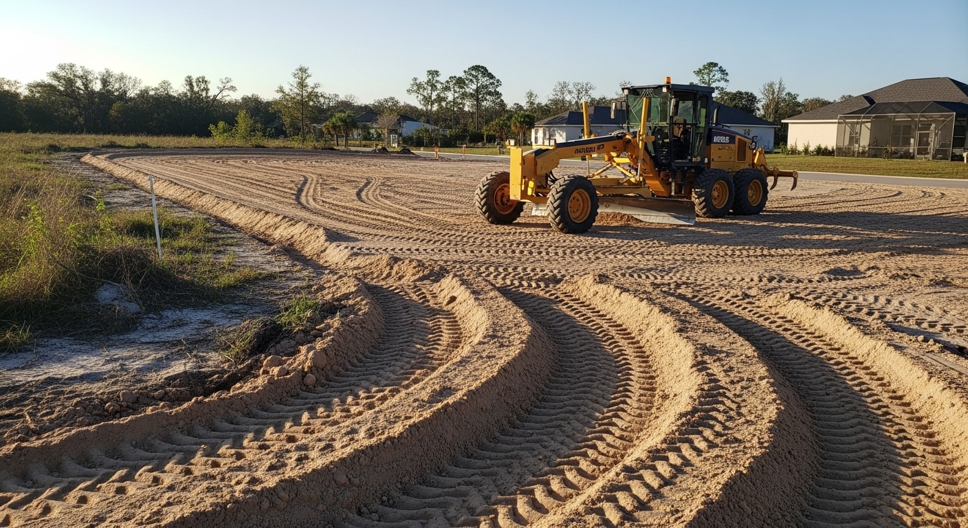 A freshly graded residential yard in Labelle, Florida showing smooth, gently sloped soil contoured away from the home's foundation. A shallow drainage swale runs along the property edge on flat Hendry County terrain.