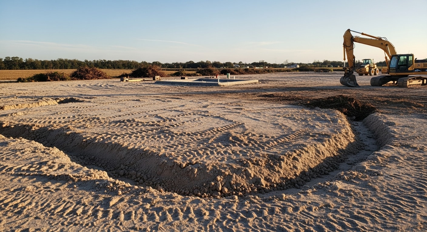 A graded and cleared residential lot in Labelle, Florida, with smooth soil contours shaped for drainage and ready for sod or landscape installation. Flat Hendry County terrain is visible in the background with no standing water or debris remaining.