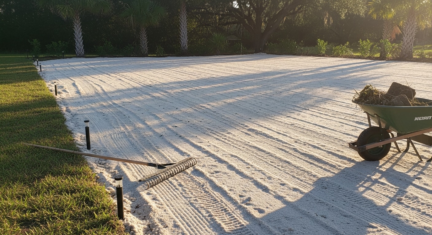 A leveled and cleared residential yard in Labelle, Florida with smooth, debris-free soil graded and ready for sod installation. A crew from AAP Solutions LLC has removed existing vegetation and prepared the ground surface for turf placement.