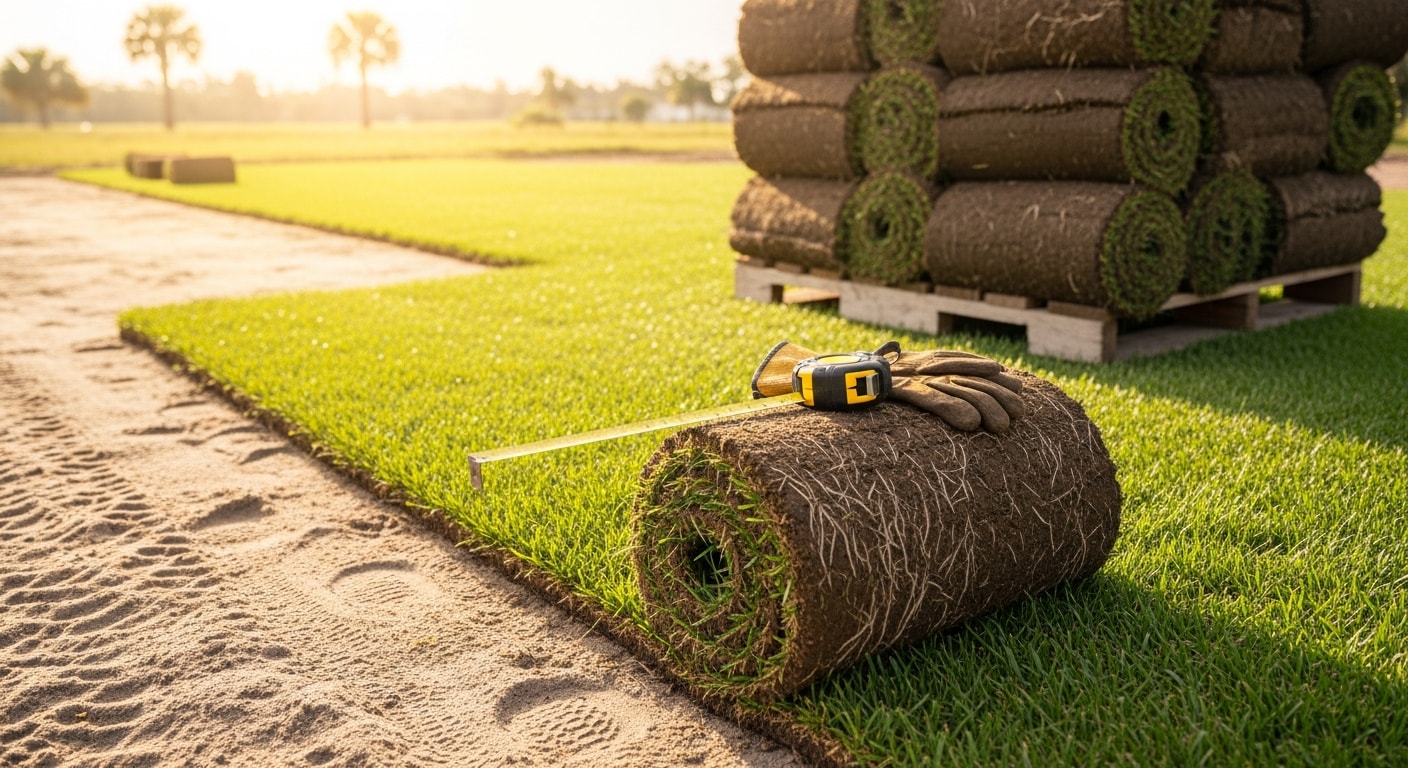 Pallets of fresh green sod stacked on a residential driveway in Labelle, Florida, ready for lawn installation. A Hendry County home with cleared, prepared yard soil is visible in the background.