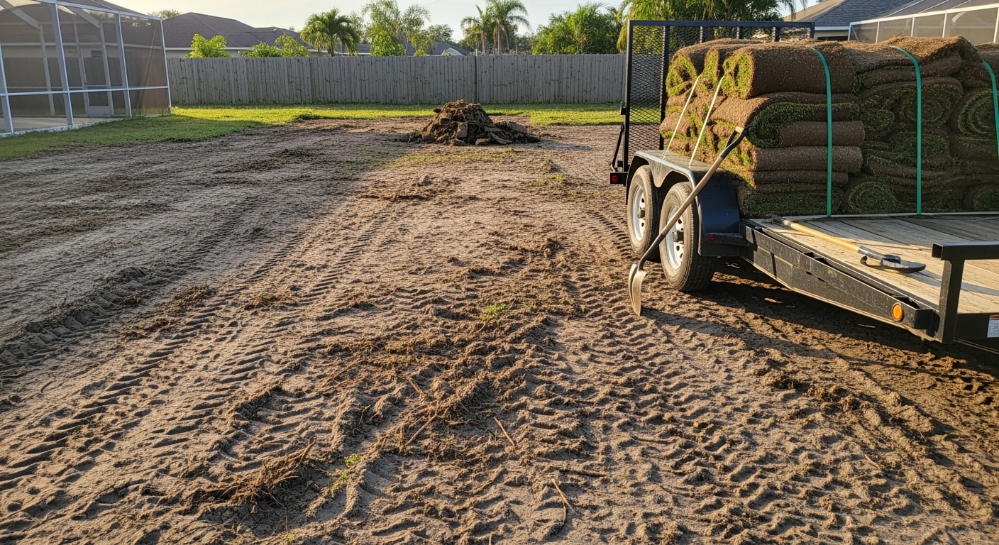 A Labelle, FL residential yard with old sod fully stripped and loaded onto a hauling truck, leaving bare sandy soil ready for new lawn installation. AAP Solutions LLC crew members work on-site during a warm, sunny Southwest Florida day.