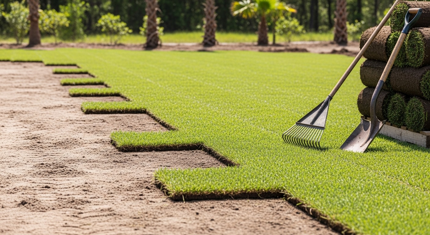 Freshly installed sod covering a residential front yard in Labelle, FL, with clean straight edges along a concrete driveway. Uniform green grass rows show tight seam placement and level grading across the full lawn area.