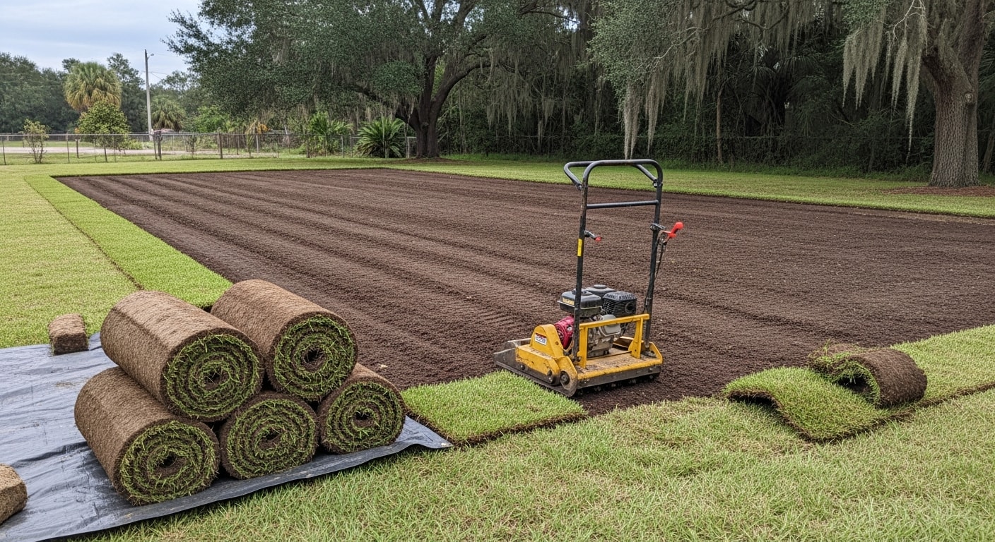 A Labelle residential front yard with old, dead sod fully stripped away, leaving bare soil graded and ready for new lawn installation. A crew member stands near the cleared area with a sod cutter in the background.