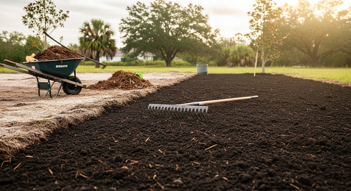 A landscaping crew from AAP Solutions LLC loosening and amending sandy soil in a residential yard in Labelle, FL. The prepared bed is level and dark with organic material, ready for new planting.