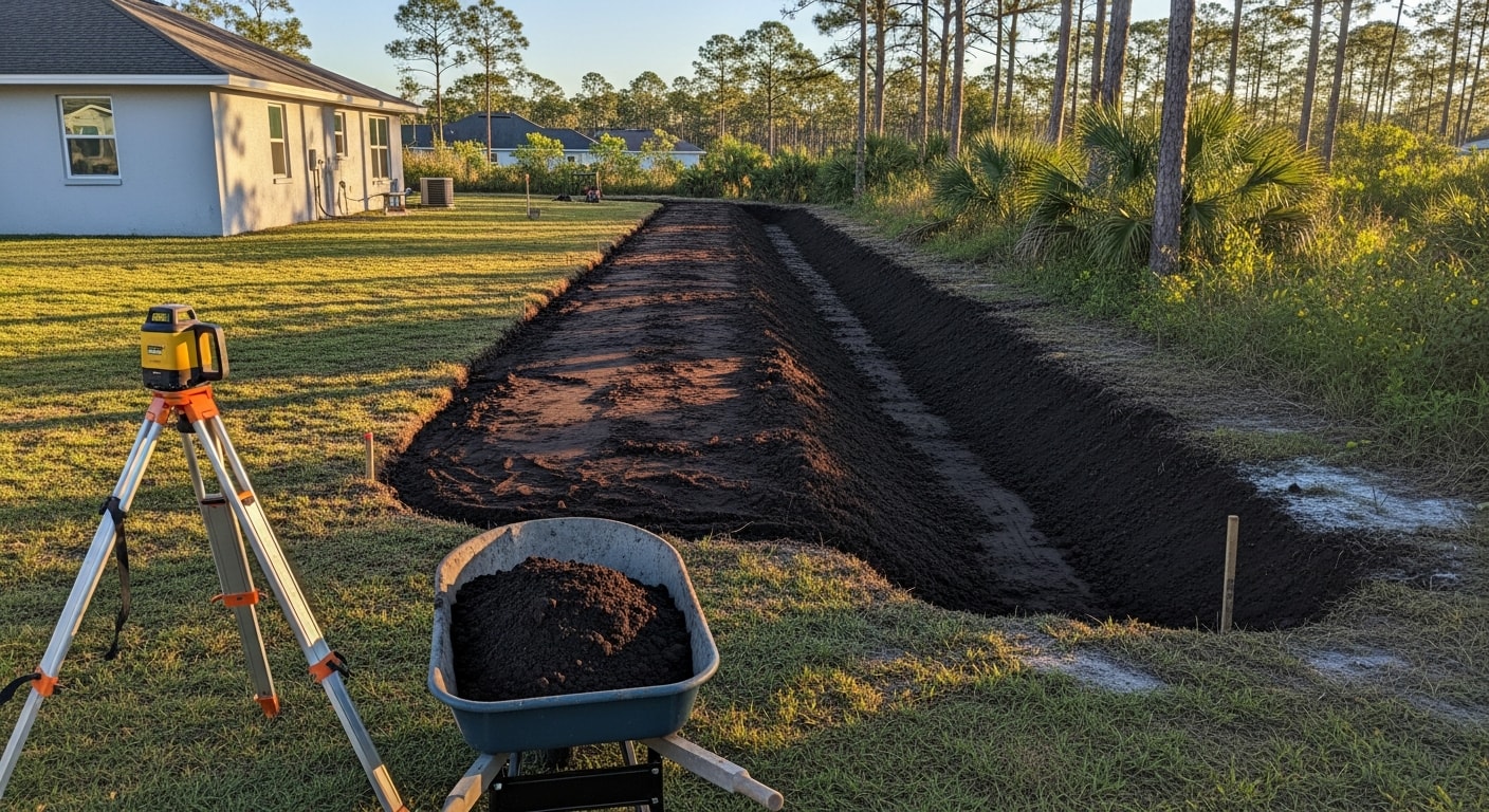 A freshly graded residential yard in Labelle, Florida with smooth, sloped soil leading away from the home's foundation toward a shaped swale along the property line. The surrounding lawn shows no standing water or erosion after a recent rain.